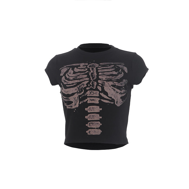 Retro Dark Round Neck Skeleton Print Ladies Top