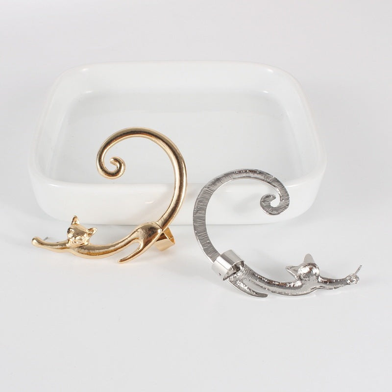Single Piece Cat Post Earring with Ear Cuff Earring