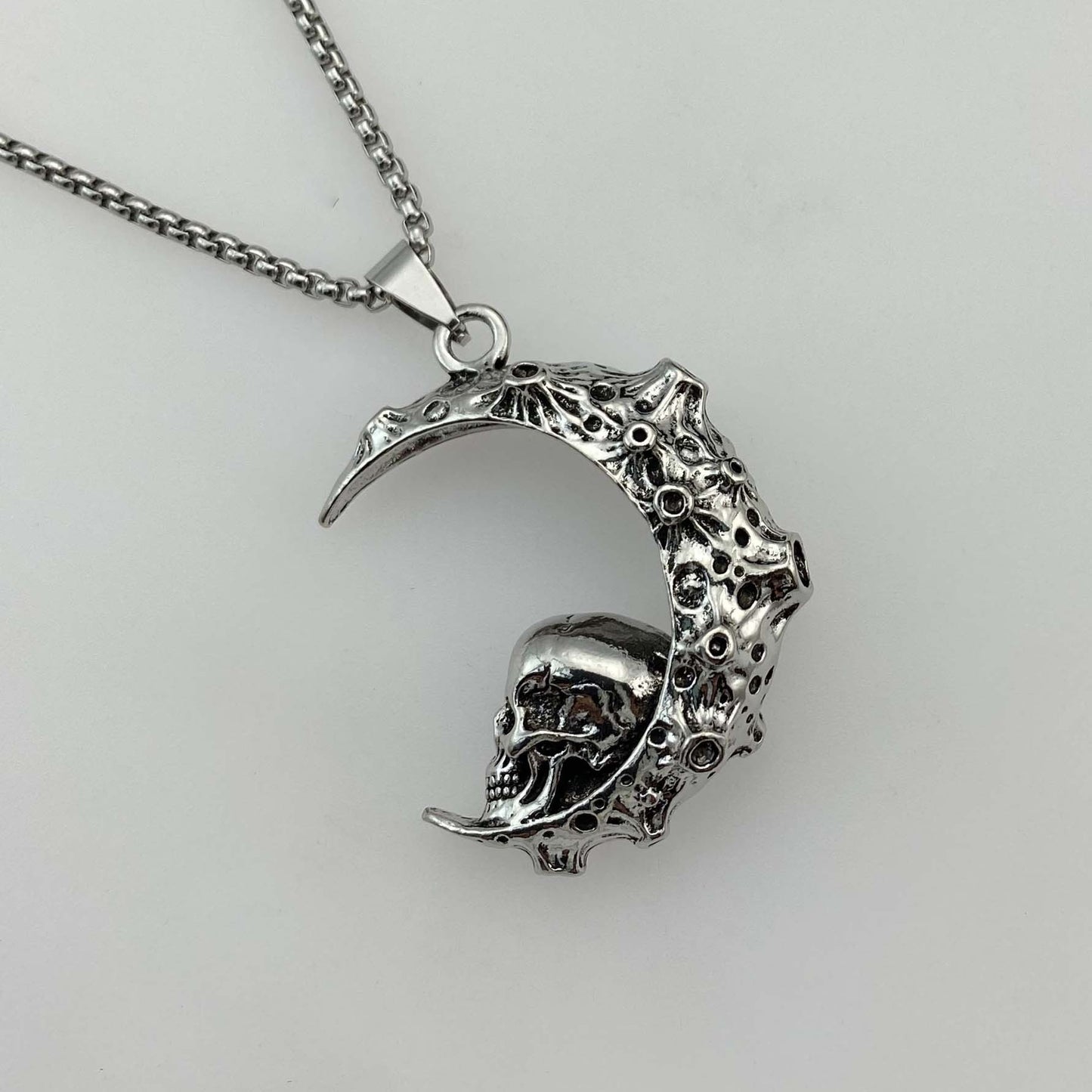 Stainless Steel 3D Moon Skull Pendant Necklace