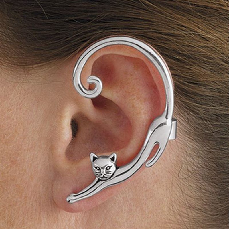 Single Piece Cat Post Earring with Ear Cuff Earring