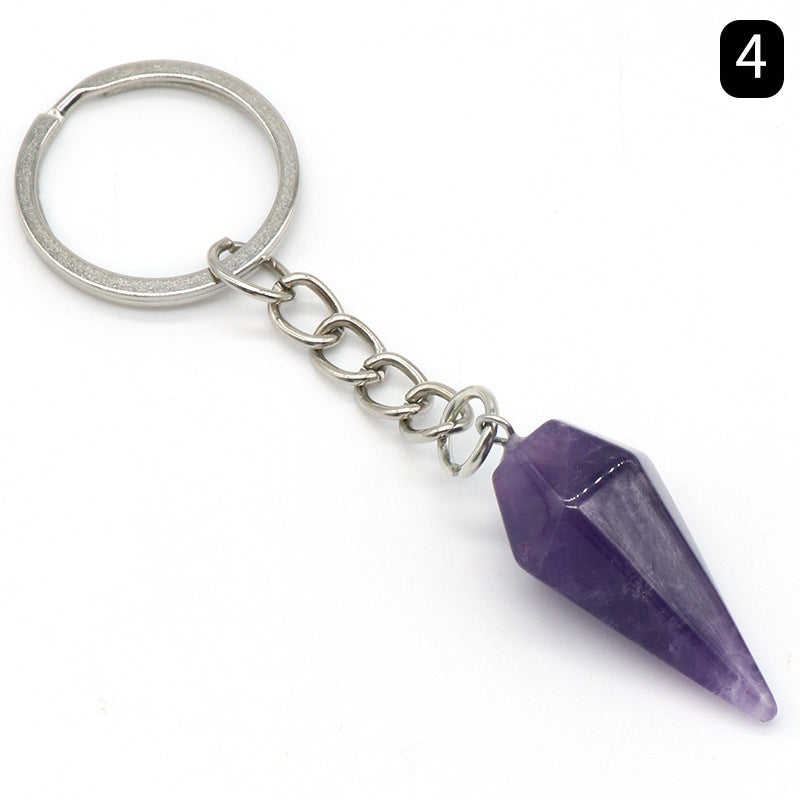 Natural Crystal Agate Stone Hexagonal Cone Keychain