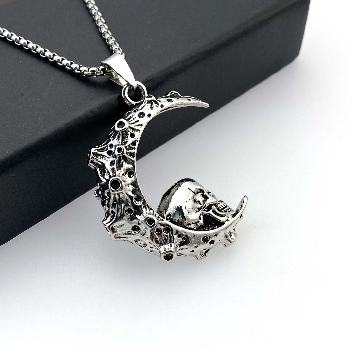 Stainless Steel 3D Moon Skull Pendant Necklace