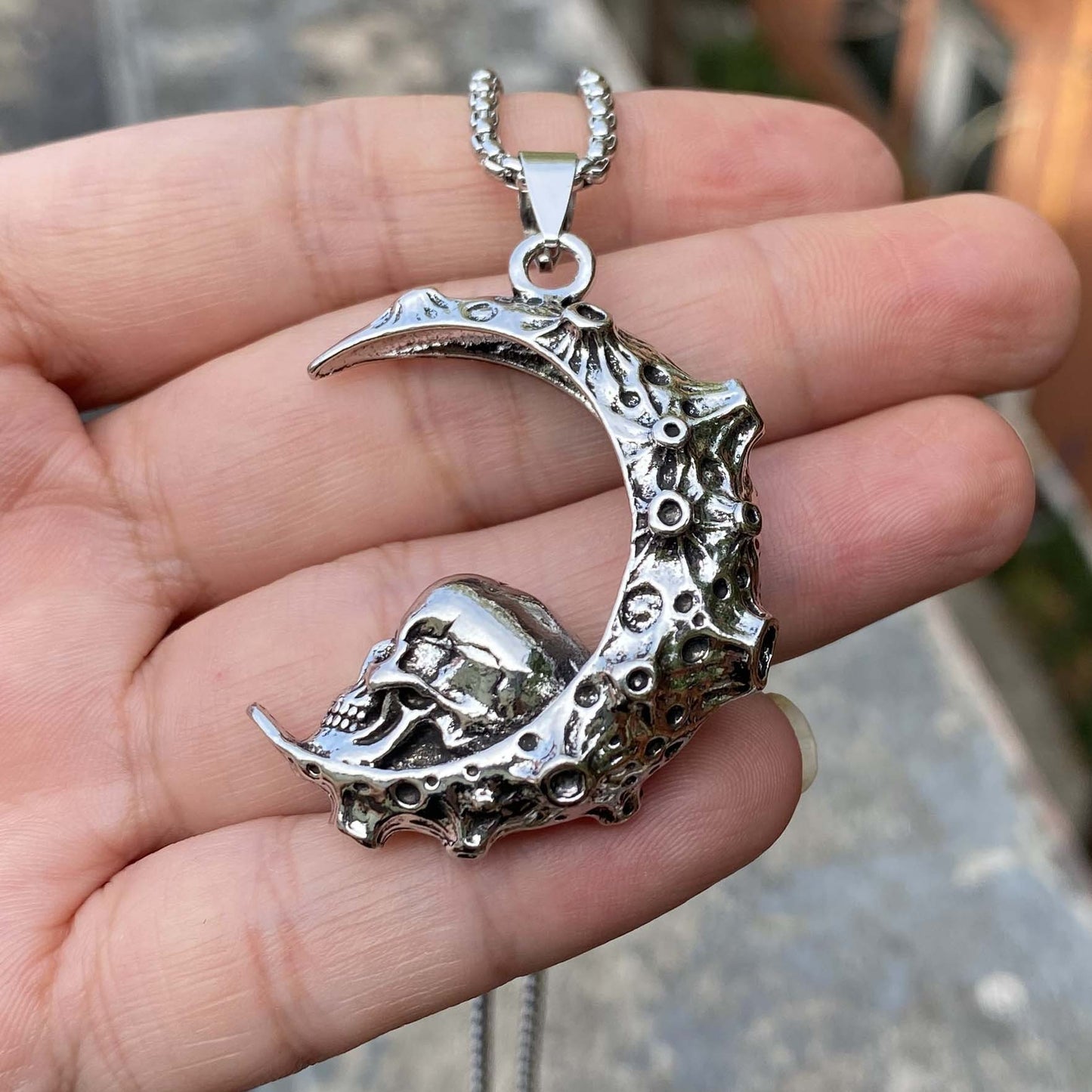 Stainless Steel 3D Moon Skull Pendant Necklace