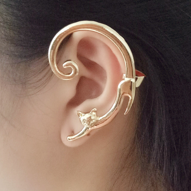 Single Piece Cat Post Earring with Ear Cuff Earring