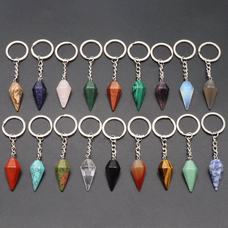 Natural Crystal Agate Stone Hexagonal Cone Keychain