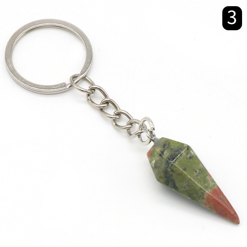 Natural Crystal Agate Stone Hexagonal Cone Keychain