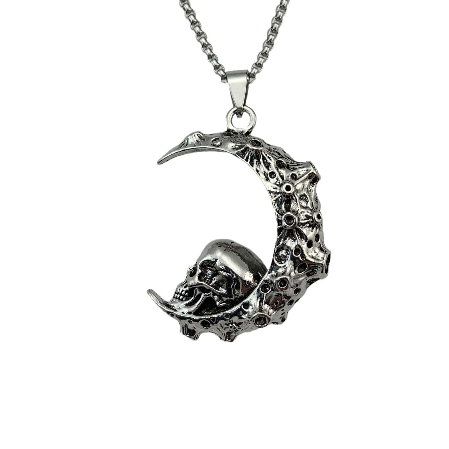 Stainless Steel 3D Moon Skull Pendant Necklace
