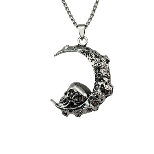 Stainless Steel 3D Moon Skull Pendant Necklace