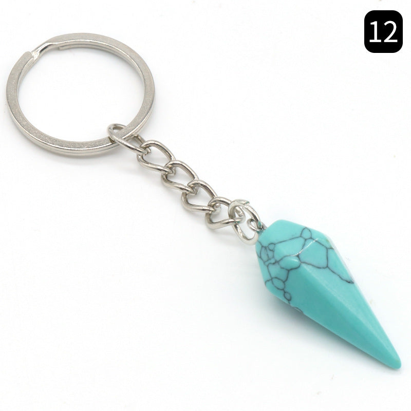 Natural Crystal Agate Stone Hexagonal Cone Keychain
