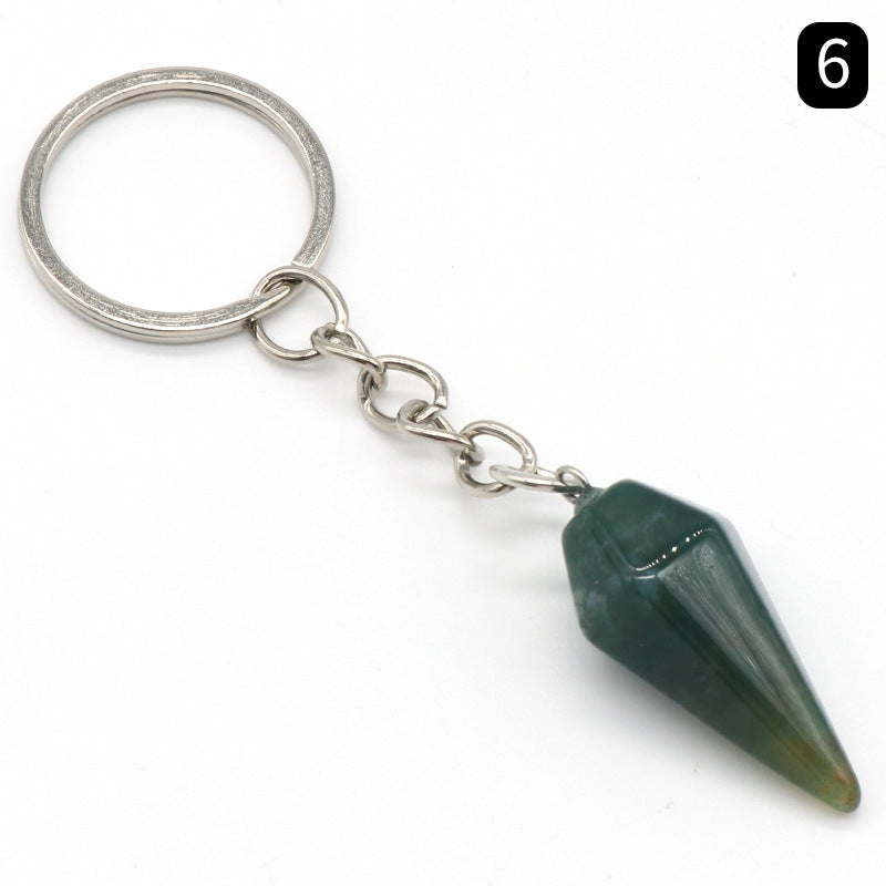 Natural Crystal Agate Stone Hexagonal Cone Keychain