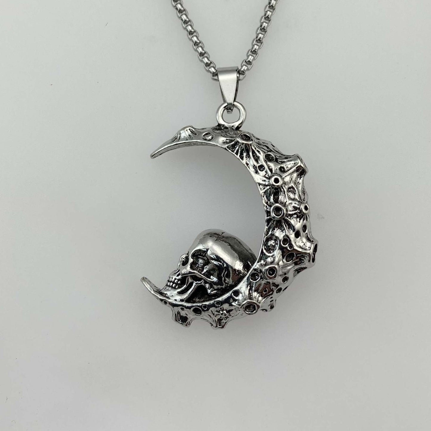 Stainless Steel 3D Moon Skull Pendant Necklace