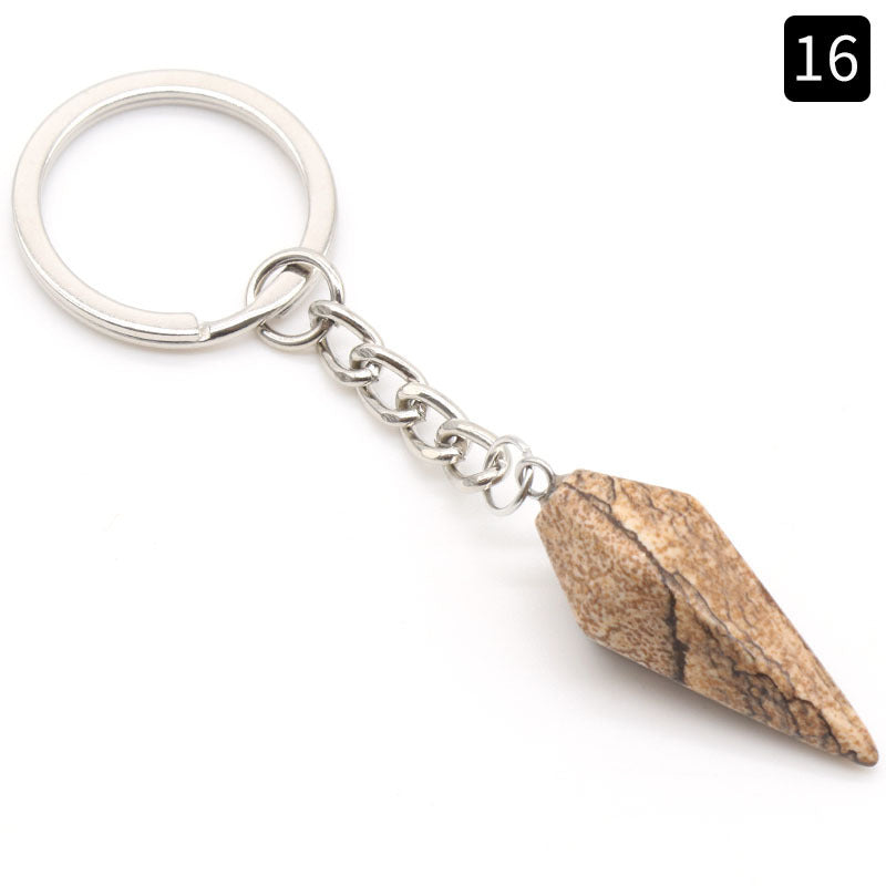 Natural Crystal Agate Stone Hexagonal Cone Keychain