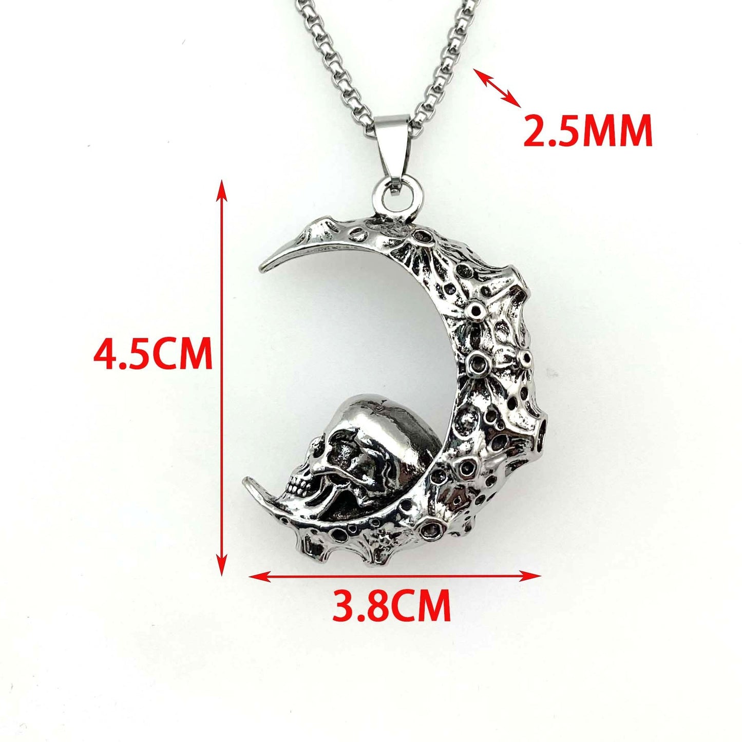 Stainless Steel 3D Moon Skull Pendant Necklace