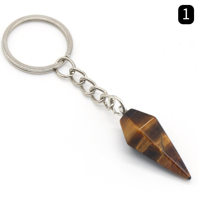 Natural Crystal Agate Stone Hexagonal Cone Keychain