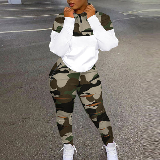 Women's Fashion Camouflage Print Top Suit