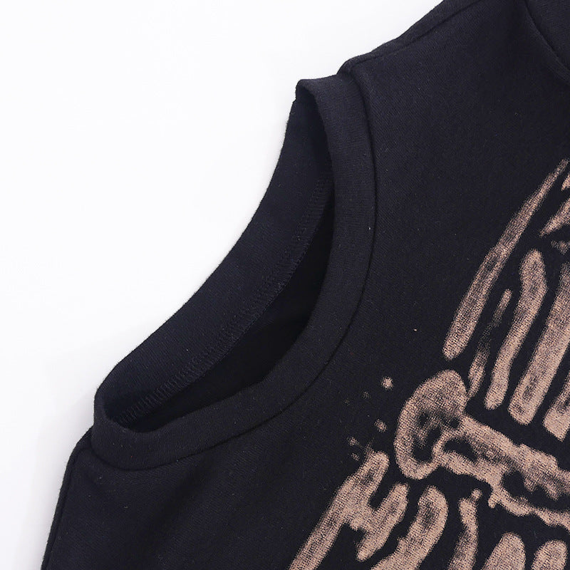 Retro Dark Round Neck Skeleton Print Ladies Top