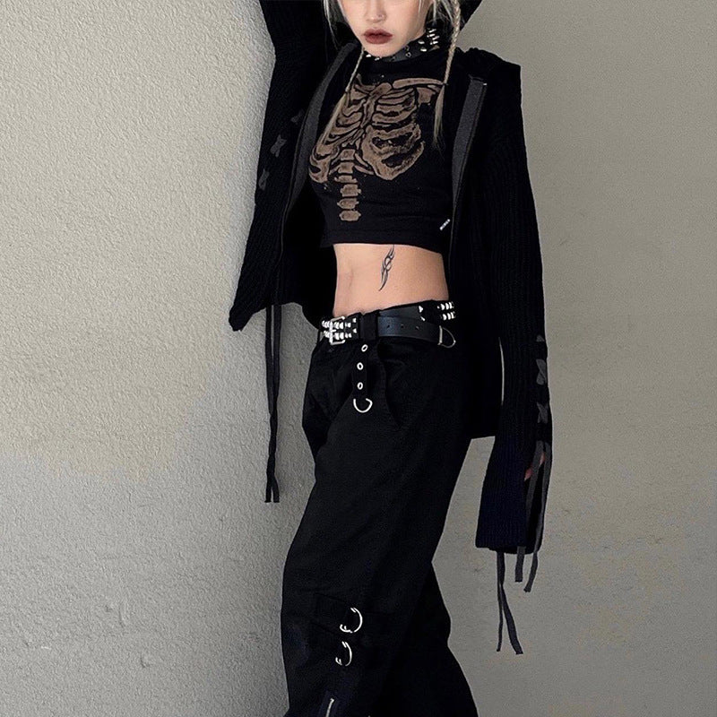 Retro Dark Round Neck Skeleton Print Ladies Top