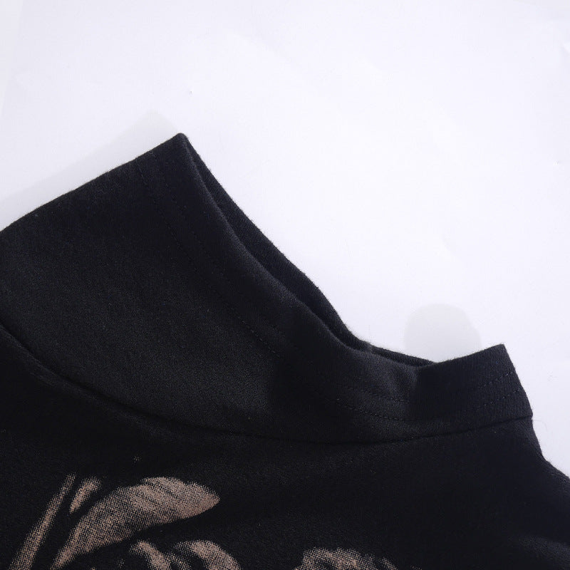 Retro Dark Round Neck Skeleton Print Ladies Top