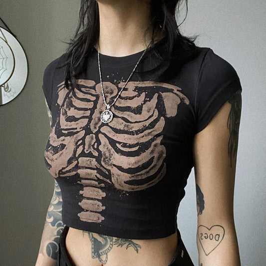 Retro Dark Round Neck Skeleton Print Ladies Top